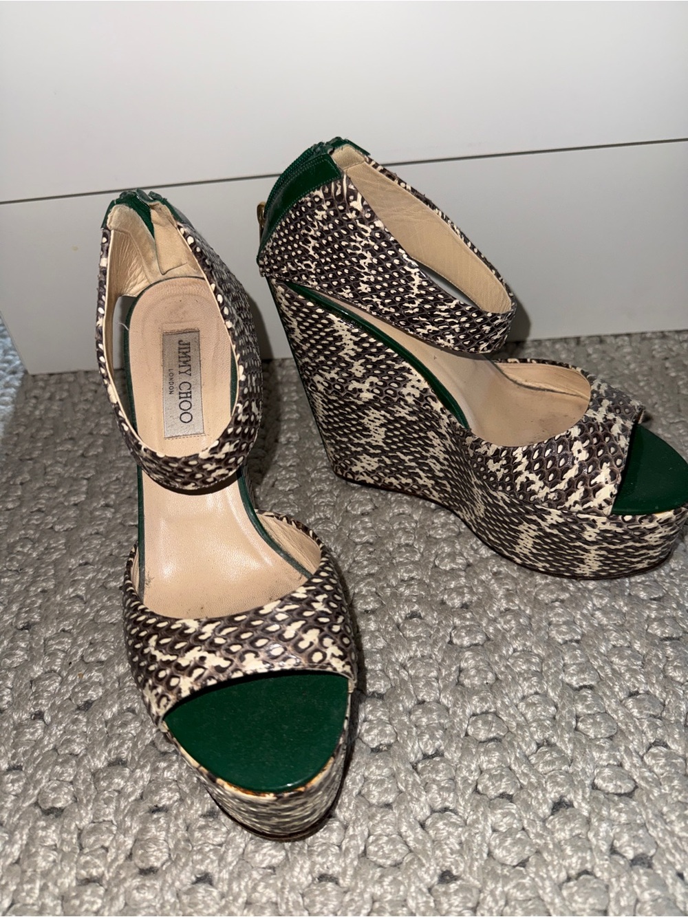 Jimmy Choo Tri Color Snakeskin and Patent Leather Wedge Sandals - Picture 3 of 5